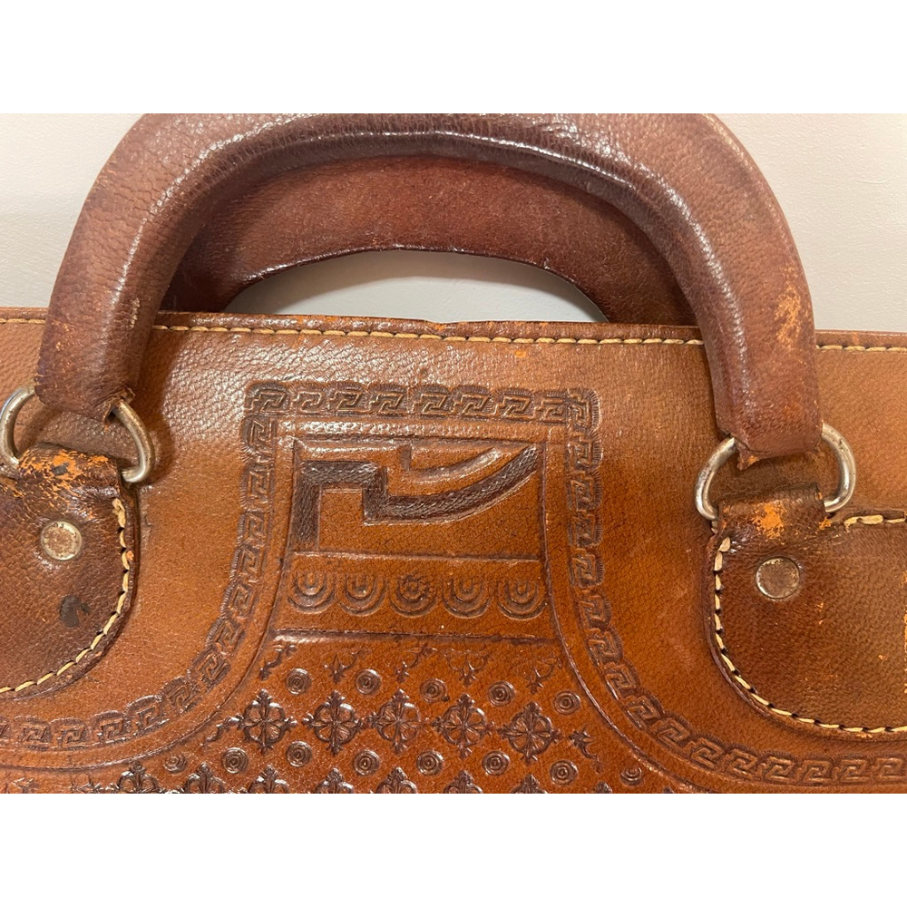 Vintage Hand Tooled Leather Briefcase Aztec Calendar Eagle Design Brown Bag - Picture 6 of 15